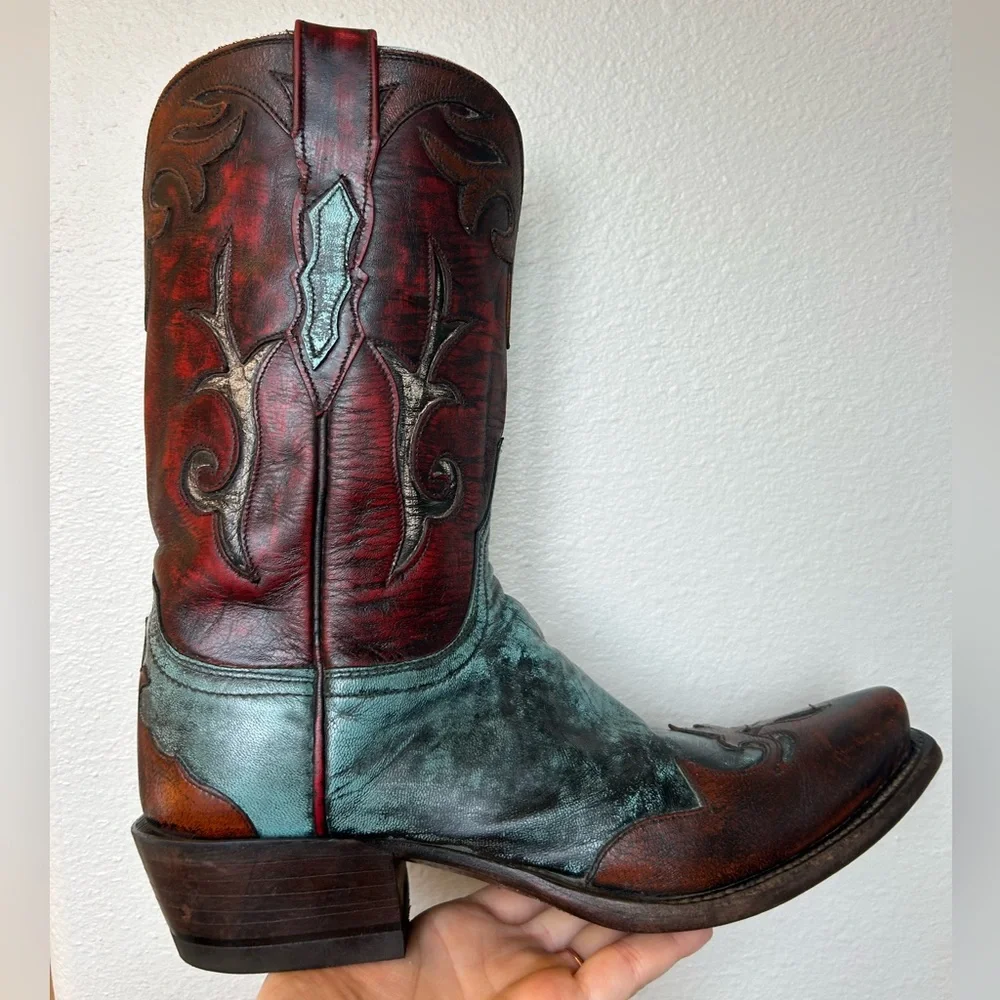 Lucchese Women’s Western Cowboy Boots Red Teal & Brown Distressed Leather Size 7 - Picture 10 of 17